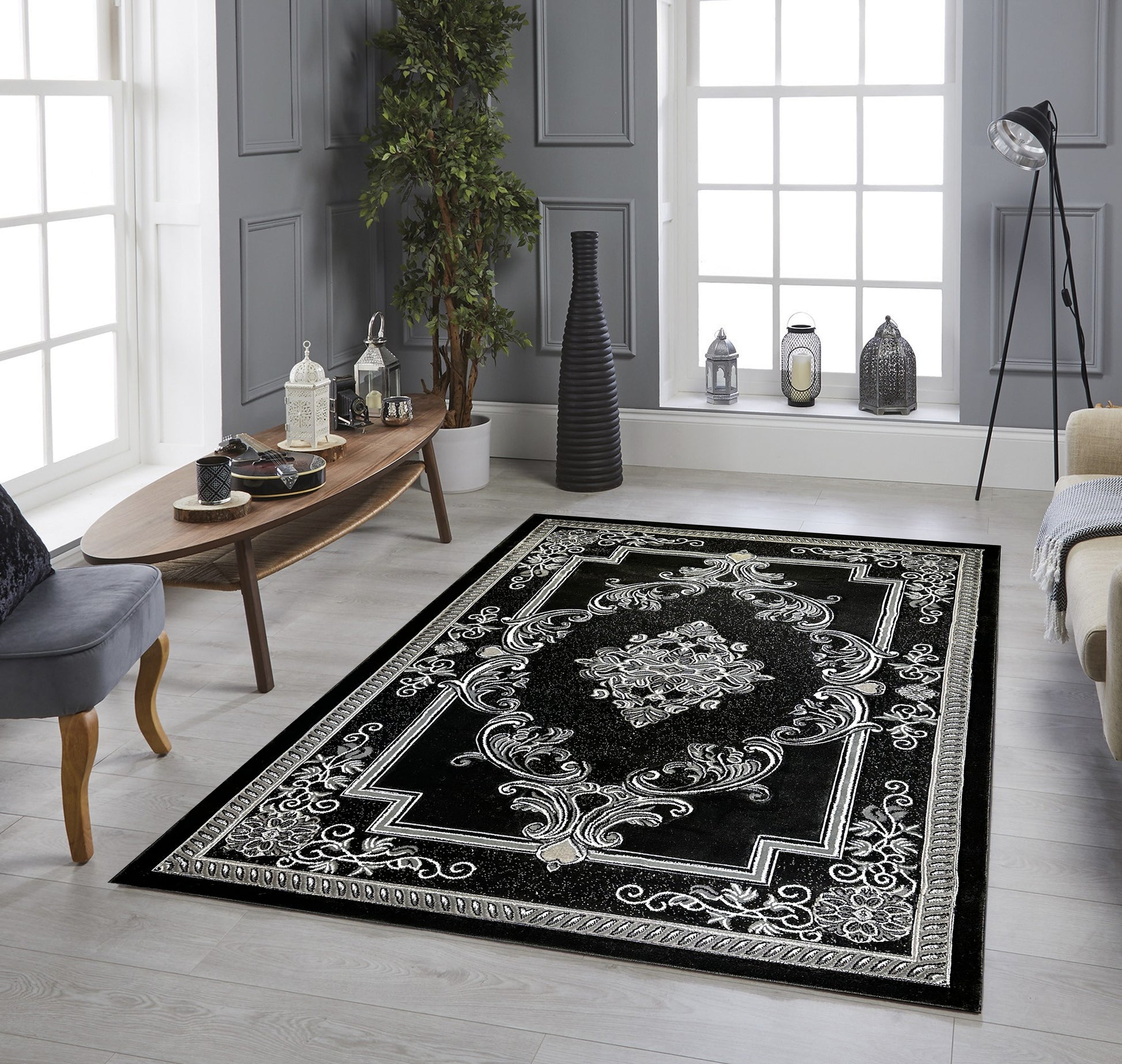 Area Rugs Diamond Collection High Pile Hand Carving 1015 Black